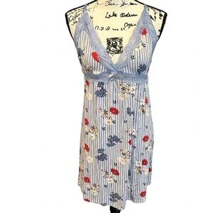 Daisy Fuentes Blue Striped Floral STRETCHY Lace-Trim Chemise with Red Accents